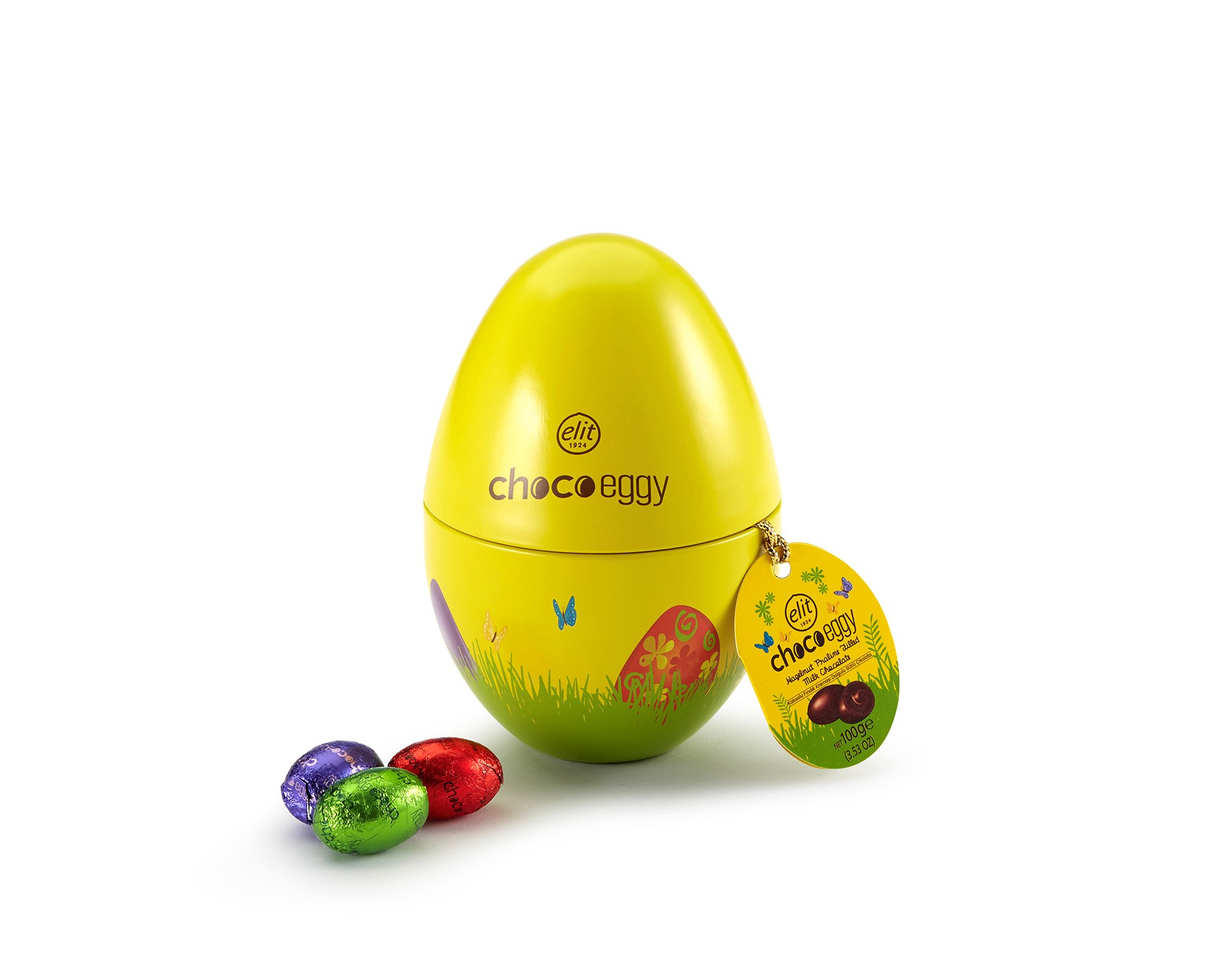91007091 «Choco Eggy» Шоколадные конфеты с пралине из фундука, жесть, 100 гр "Elit 1924" 91007091 «Choco Eggy» Шоколадные конфеты с пралине из фундука, жесть, 100 гр "Elit 1924"
